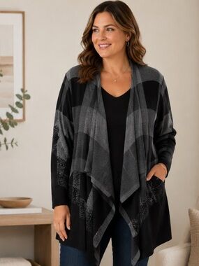 Lane Bryant Black & Grey Plaid Chic lightweight Waterfall Front Cardigan S 14-16